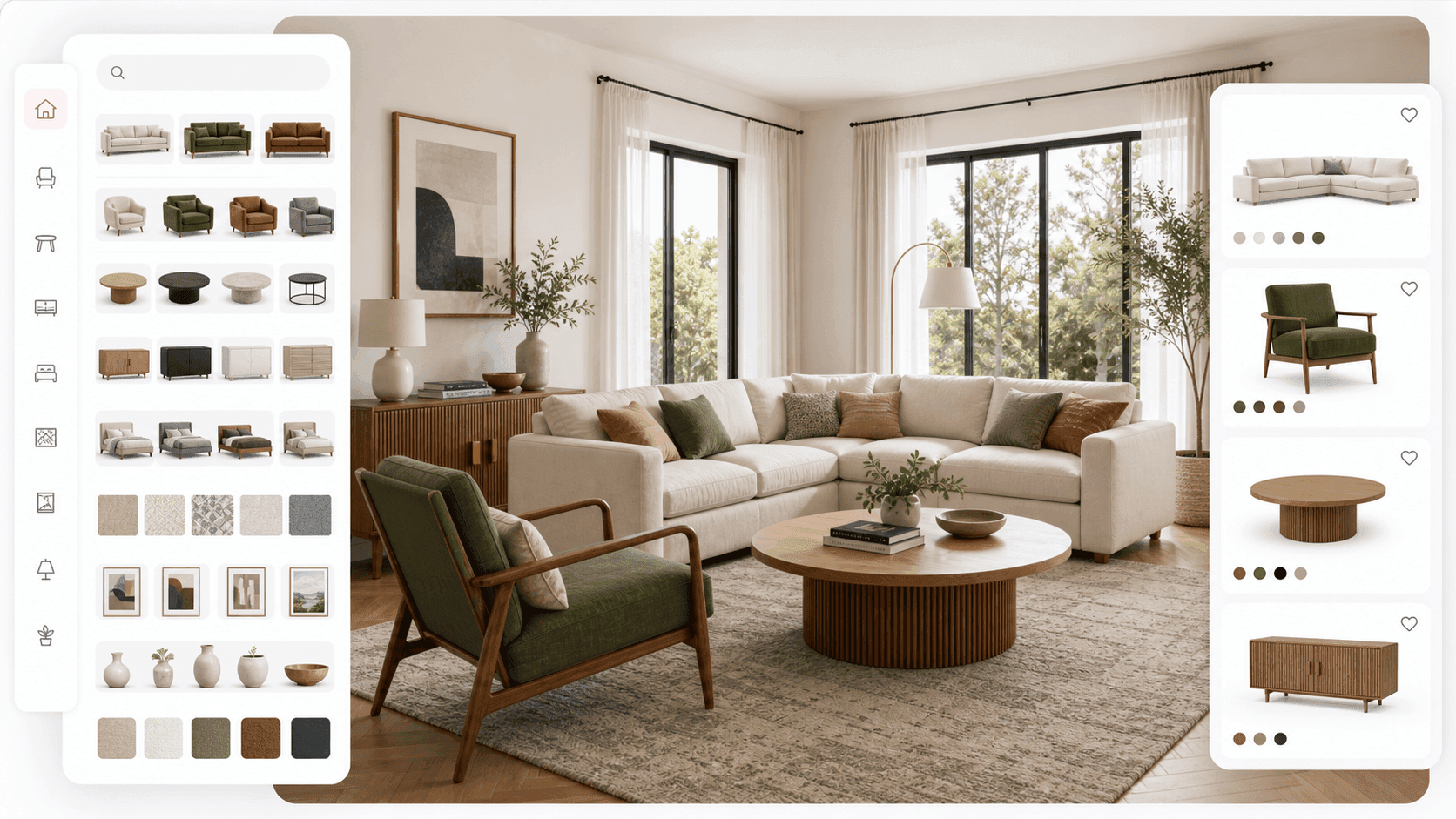 Clean free catalog portal preview showing multiple furniture categories in a real room context