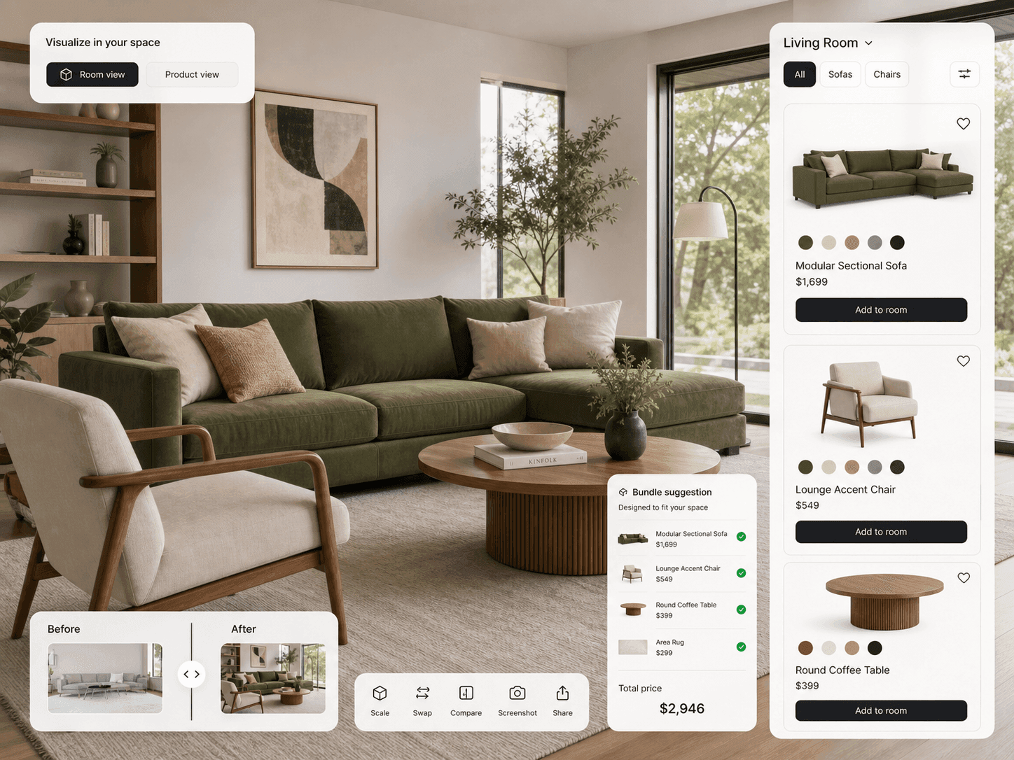 Generated furniture visual commerce preview showing product cards and room-context furniture visualization
