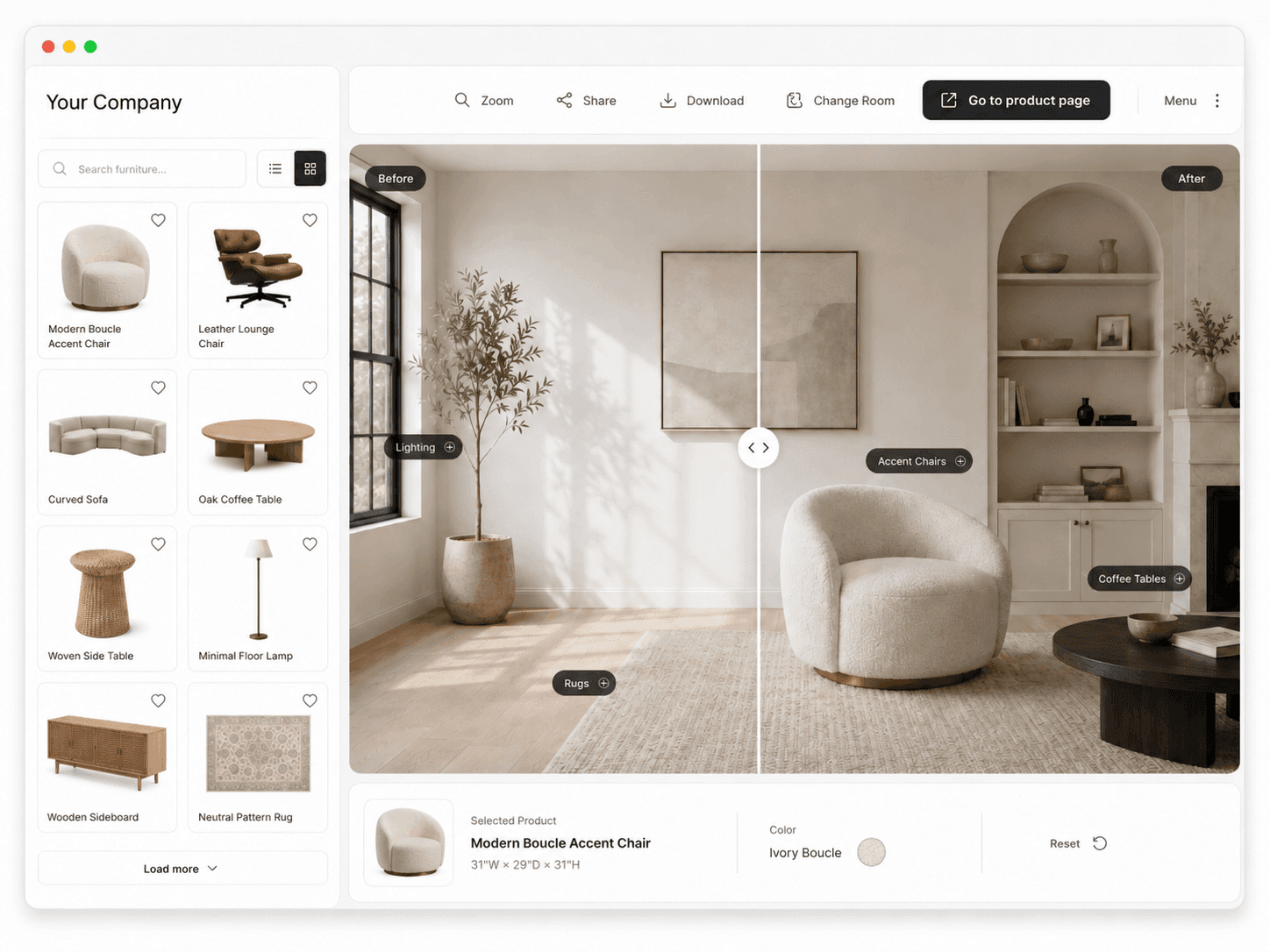 Furniture preview demo with room visualizer interface and product options