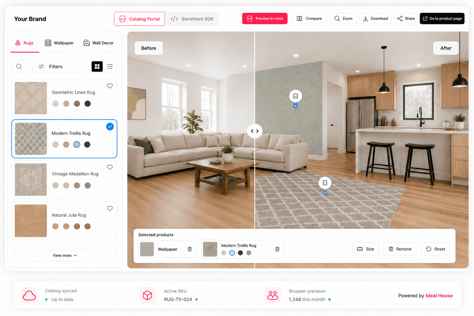 Ideal House Room Visualizer hero showing catalog portal, storefront SDK preview, product cards, before and after comparison, and selected home decor products