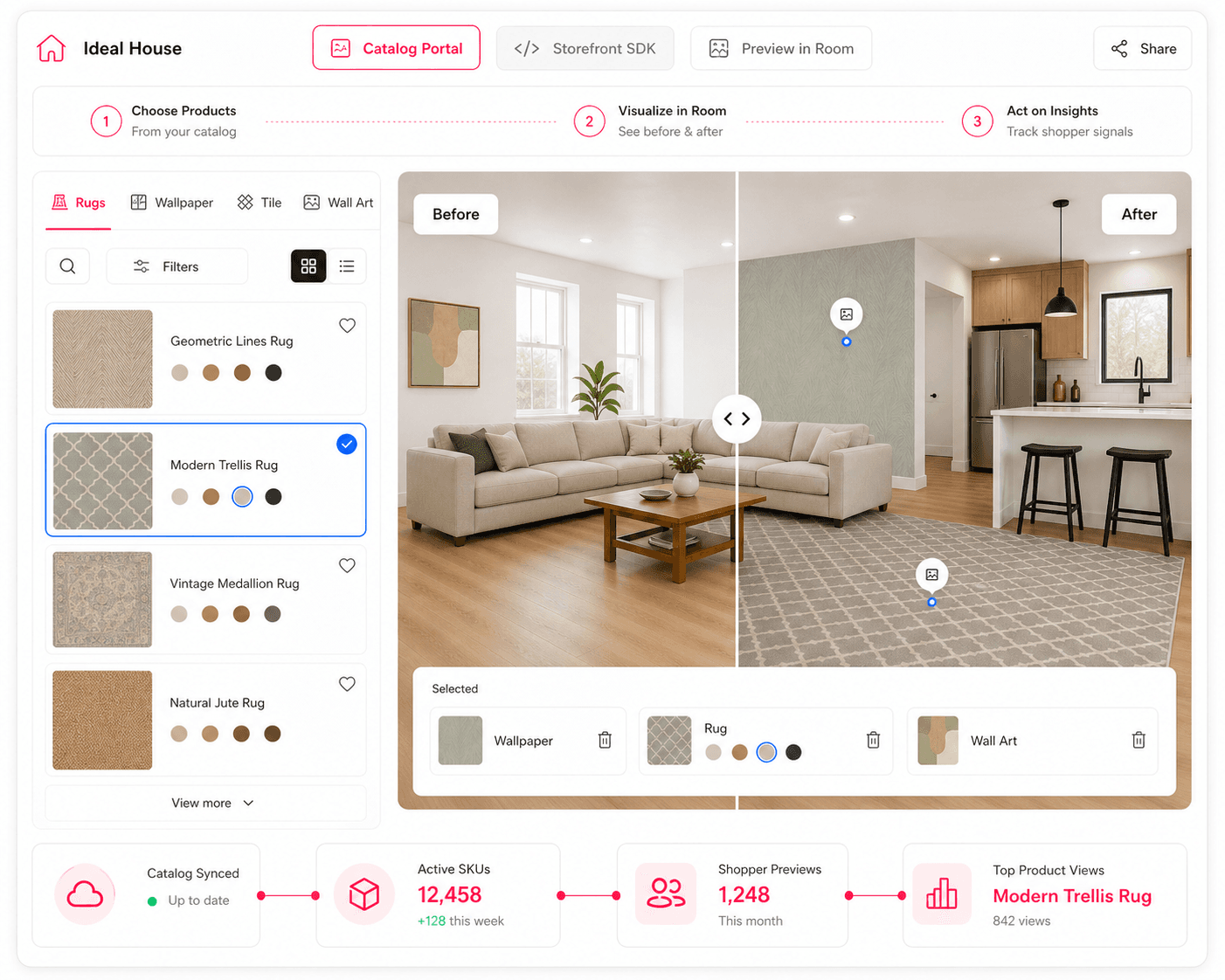 Catalog portal and room visualizer interface for comparing visual commerce platforms