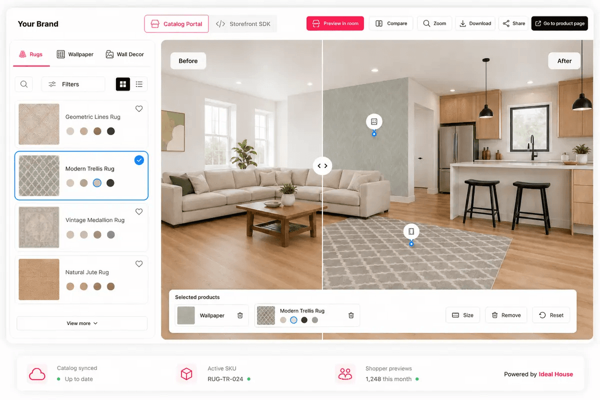 Catalog portal and room visualizer interface for comparing visual commerce platforms
