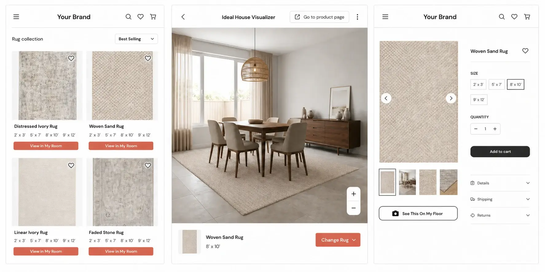 Anonymous rug collection, Ideal House room preview, and product page shown as one size-aware shopping workflow