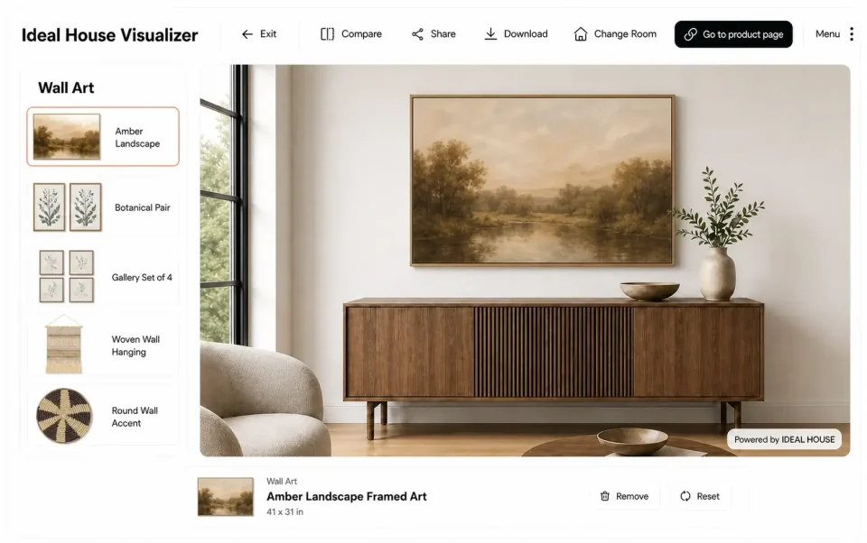 Ideal House wall art visualizer showing a single framed landscape with a varied catalog of art sets and wall accents