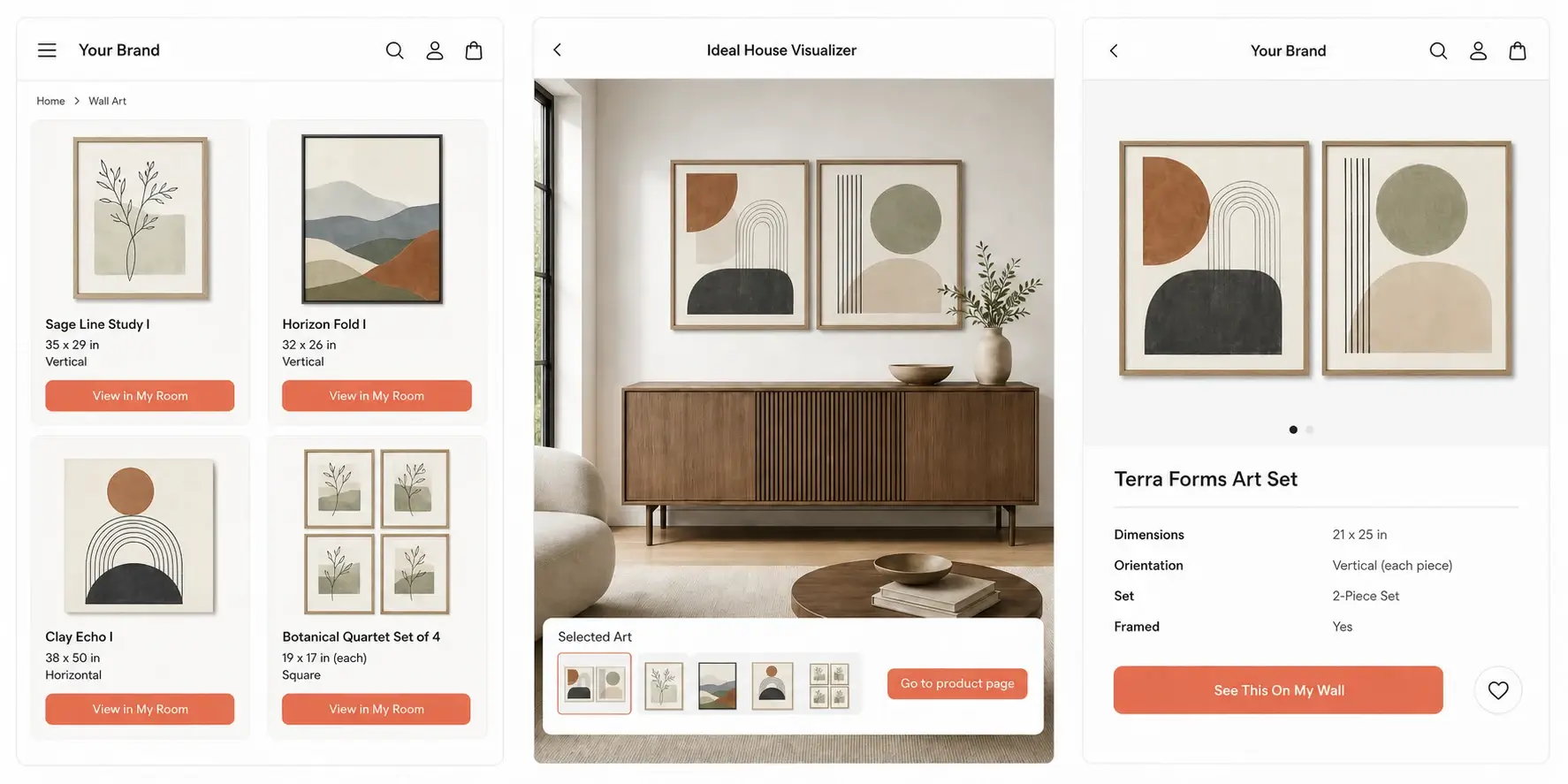 Anonymous wall art collection, Ideal House room preview, and product page shown as one dimension-aware shopping workflow