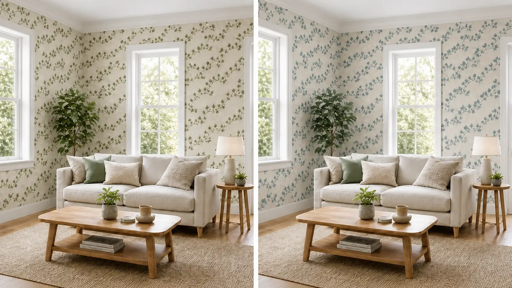 Wallpaper pattern and related colorway shown at room scale