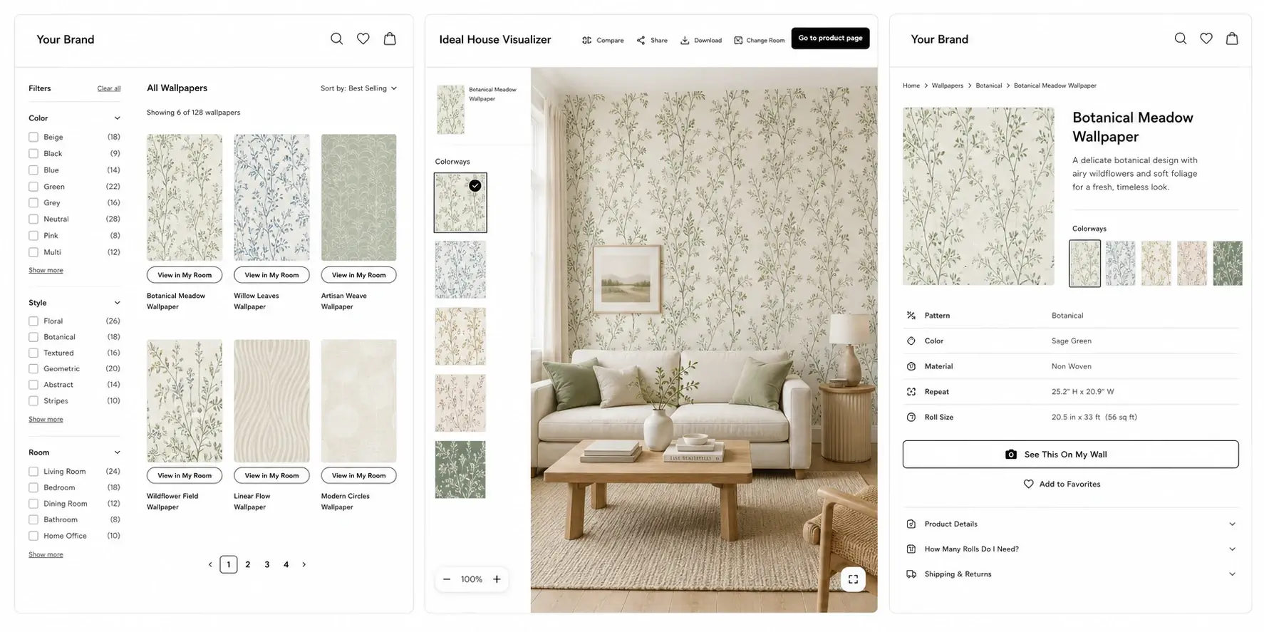 Anonymous wallpaper collection, Ideal House room preview, and product page shown as one catalog-connected shopping workflow